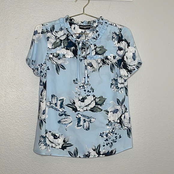 Karl Lagerfeld Paris Floral Printed Tie Neck Blouse Blue - Picture 1 of 8